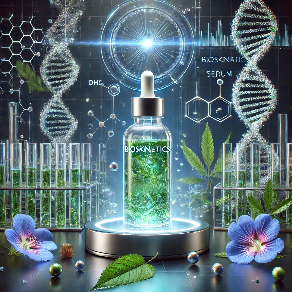 A visually stunning representation of biotechnology in skincare. The image features a futuristic skincare lab with glowing blue and green bioactive ingredients suspended in glass vials. A sleek, modern bottle of BioSkinetics serum is in the center, surrounded by hemp seed oil droplets and butterfly pea flowers. A subtle holographic overlay of molecular structures and DNA strands highlights the scientific innovation behind the product. The overall aesthetic is high-tech, clean, and luxurious, with a balance of nature and advanced science.